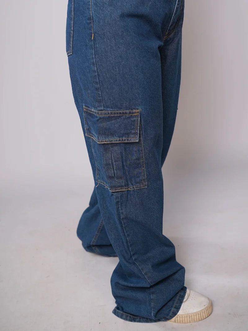 D600 - Indigo Blue High Waist Wide Leg Cargo Jeans