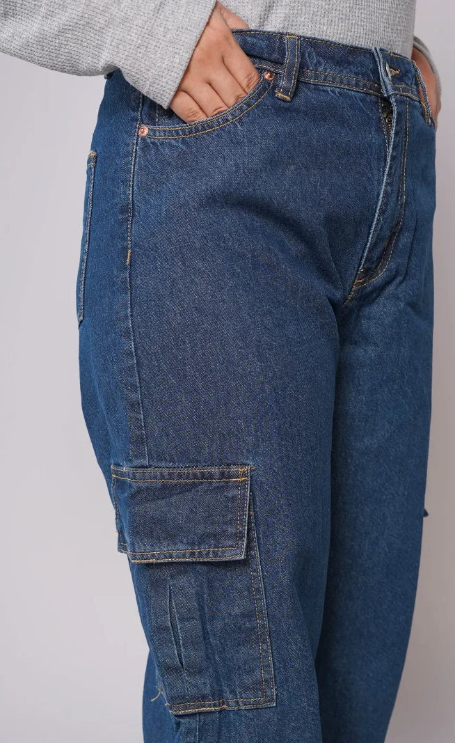 D600 - Indigo Blue High Waist Wide Leg Cargo Jeans