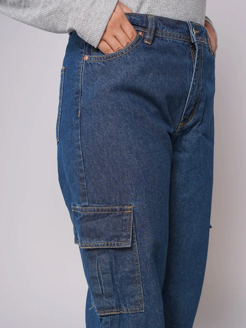 D600 - Indigo Blue High Waist Wide Leg Cargo Jeans