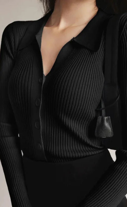D600 V Neck Knit Shirt - Black - (Full Sleeves)