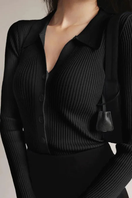 D600 V Neck Knit Shirt - Black - (Full Sleeves)