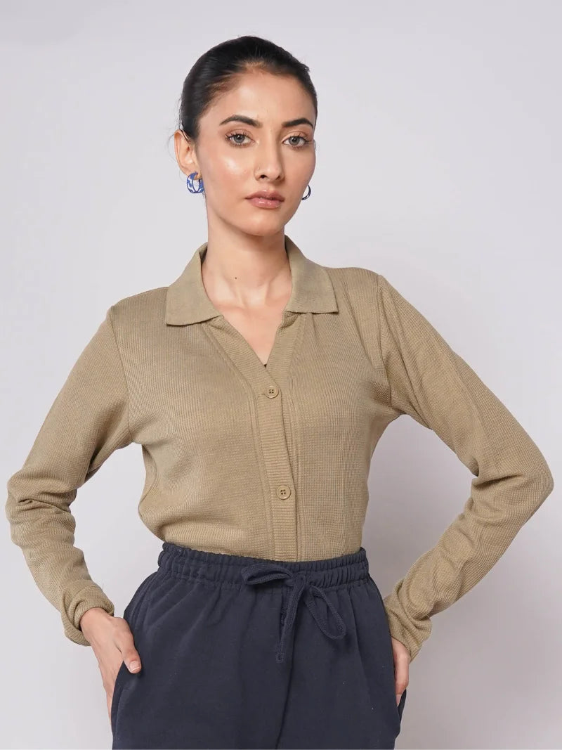 Button Up Ribbed Knit Shirt - Olive (Full Sleeves)