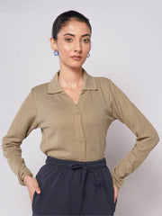 Button Up Ribbed Knit Shirt - Olive (Full Sleeves)