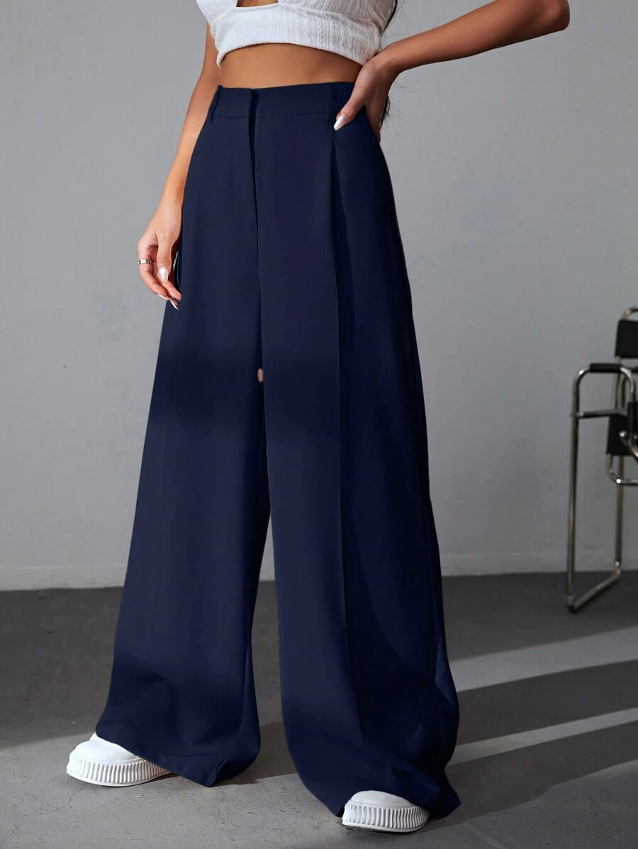 D600 Tailored Wide-Leg Pants - Navy Blue
