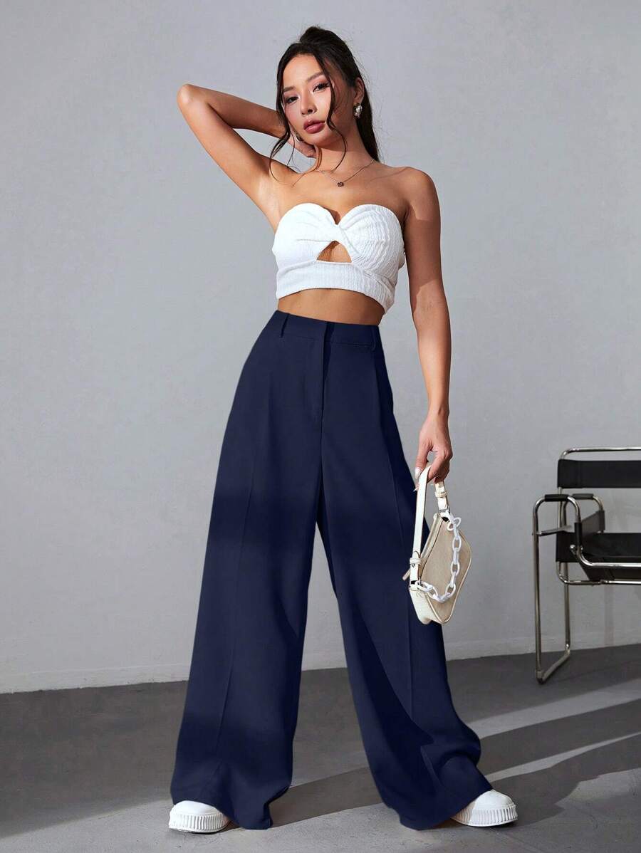 D600 Tailored Wide-Leg Pants - Navy Blue