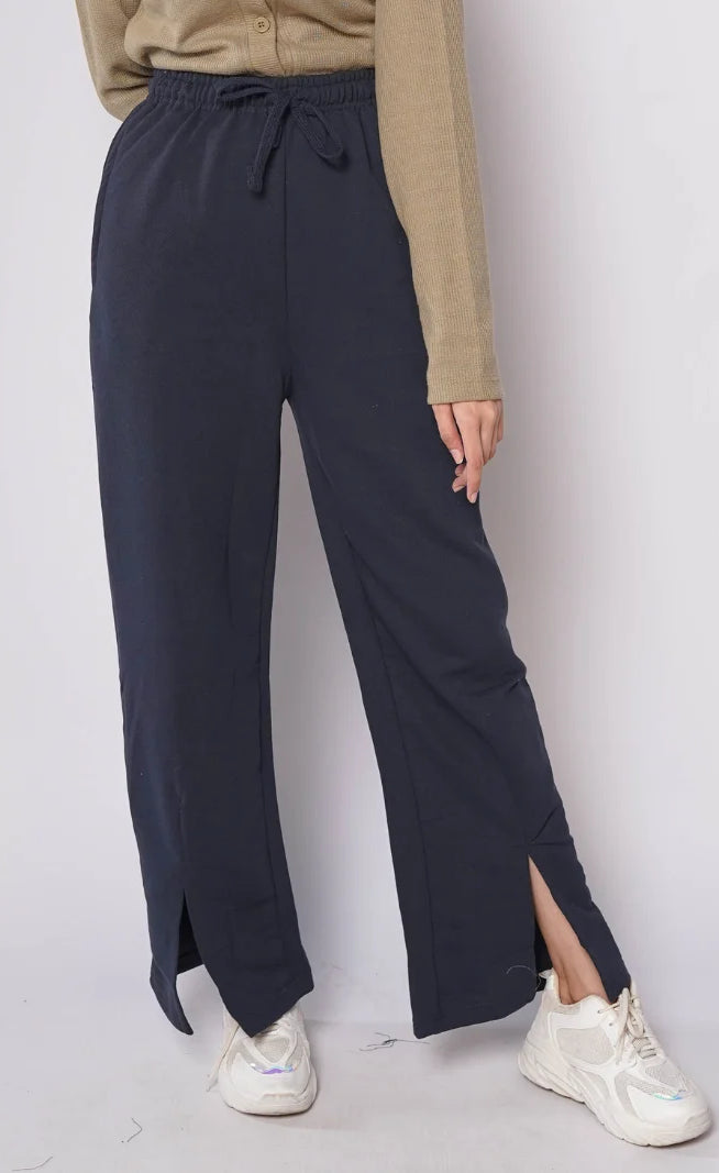 D600 - Navy Blue Wide Leg Slit Trousers