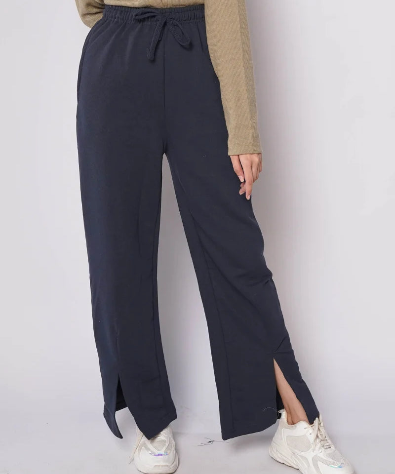 D600 - Navy Blue Wide Leg Slit Trousers