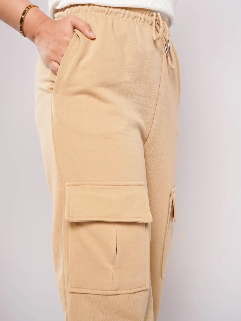 D600 - Beige Wide Leg Cargo Trousers