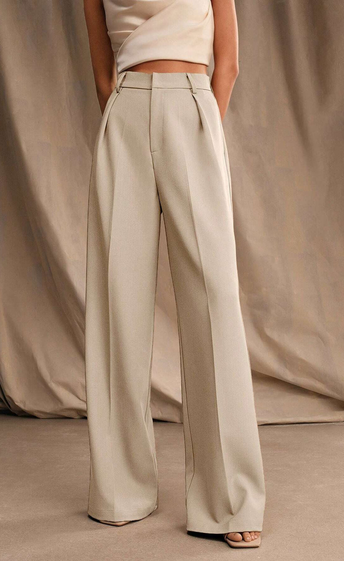 D600 Tailored Wide-Leg Pants - Beige