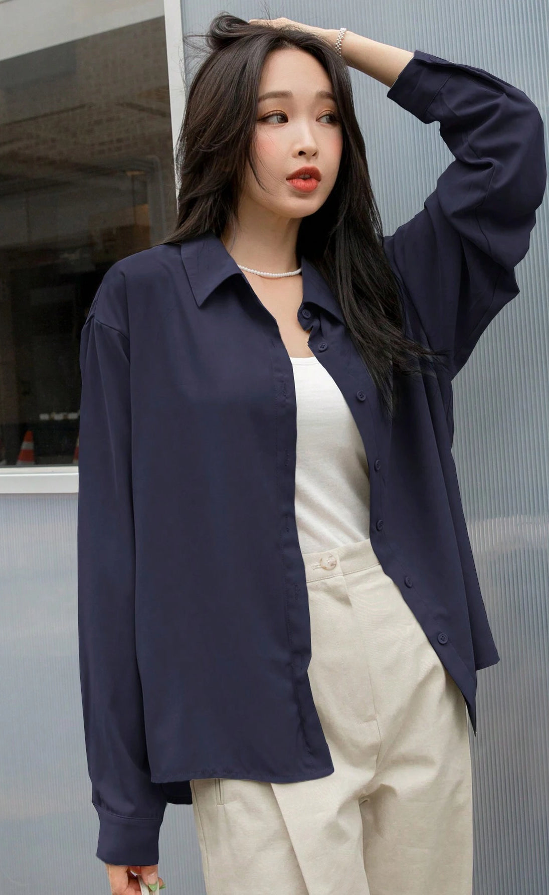 D600 Oversized Essentials Shirt – Navy Blue