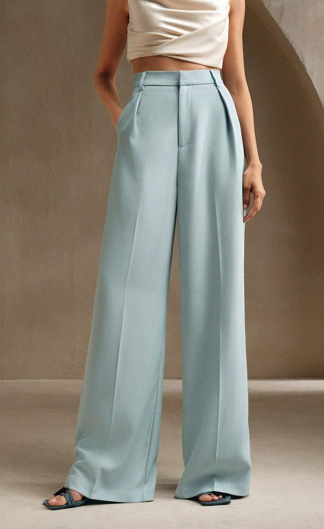 D600 Tailored Wide-Leg Pants - Mint Blue
