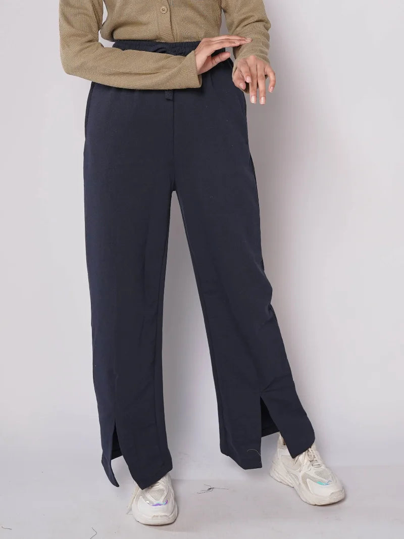 D600 - Navy Blue Wide Leg Slit Trousers