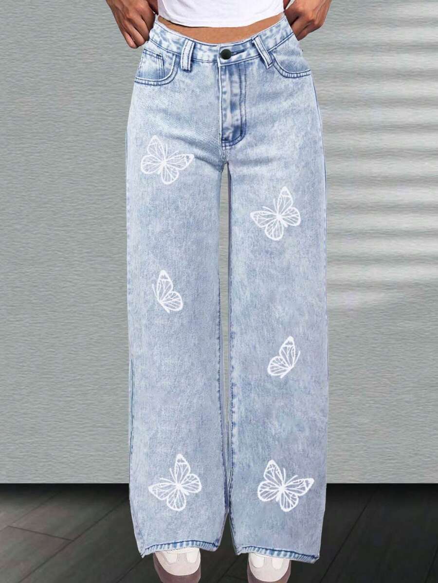 ZARA Paper bag Wide-Leg Frayed Hem Jeans - Butterfly Print - Light Blue
