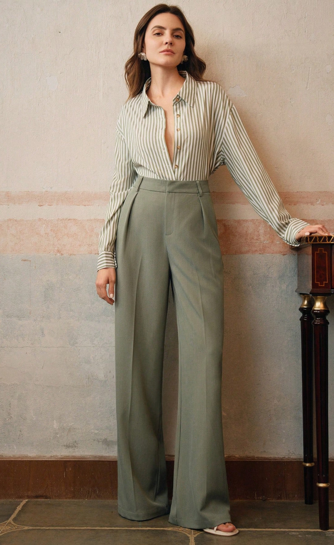 D600 Tailored Wide-Leg Pants - Mint Green