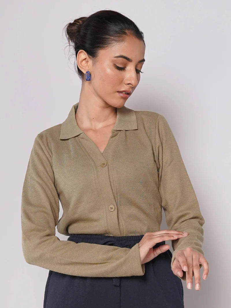 Button Up Ribbed Knit Shirt - Olive (Full Sleeves)