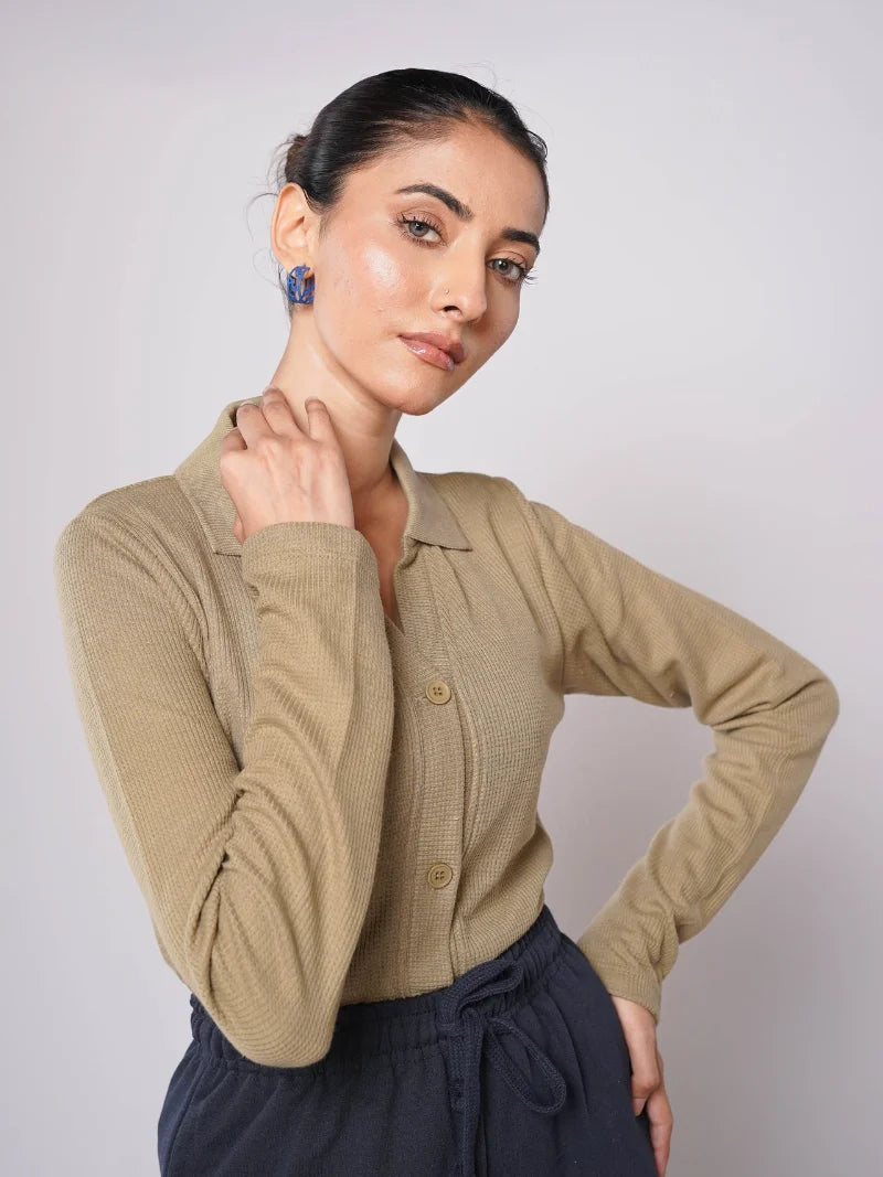 Button Up Ribbed Knit Shirt - Olive (Full Sleeves)