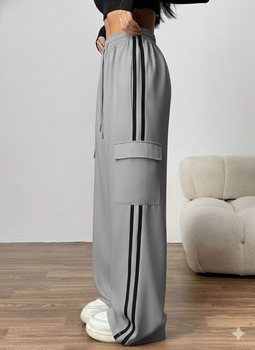 D600 Grey Stripe Cargo Wide-Leg Trouser