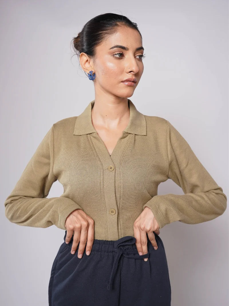 Button Up Ribbed Knit Shirt - Olive (Full Sleeves)