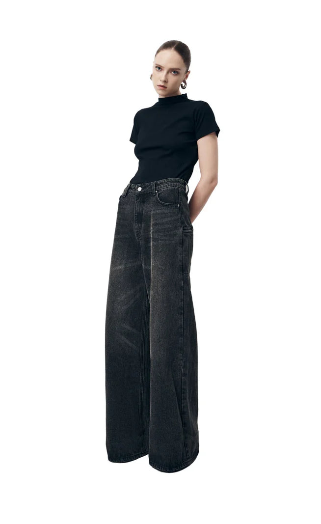 D600 Loose Fit High Waist Wide Leg Jeans - Vintage Dark Grey