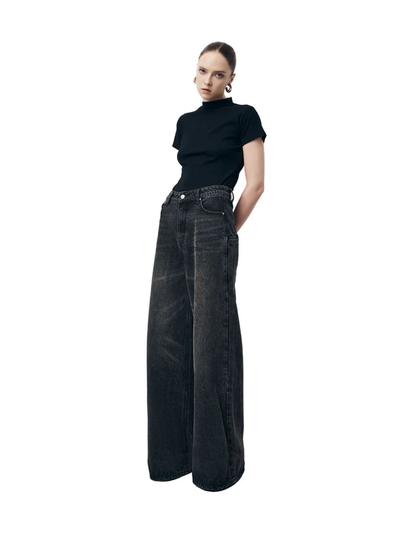 D600 Loose Fit High Waist Wide Leg Jeans - Vintage Dark Grey