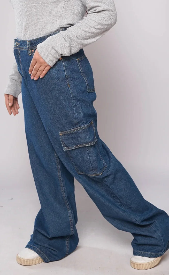 D600 - Indigo Blue High Waist Wide Leg Cargo Jeans
