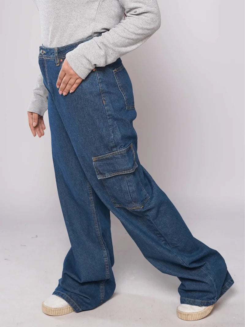 D600 - Indigo Blue High Waist Wide Leg Cargo Jeans