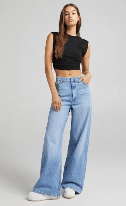 Mid Blue Whisker Wide Leg Jeans