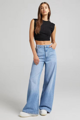 Mid Blue Whisker Wide Leg Jeans