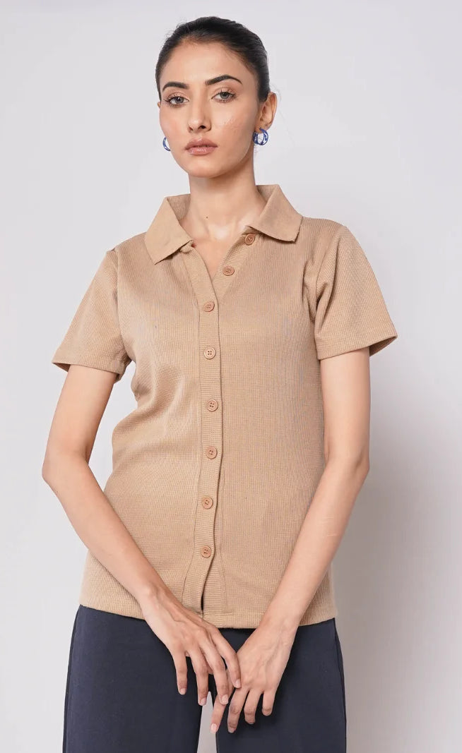 Button Up Ribbed Knit Shirt - Beige (Short Sleeves)