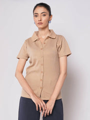 Button Up Ribbed Knit Shirt - Beige (Short Sleeves)