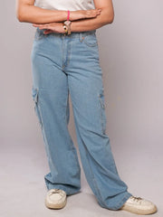 D600 - Ice Blue High Waist Wide Leg Cargo Jeans