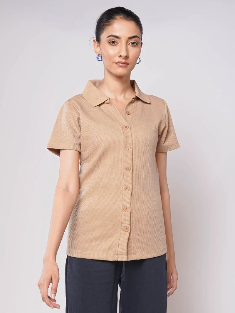 Button Up Ribbed Knit Shirt - Beige (Short Sleeves)