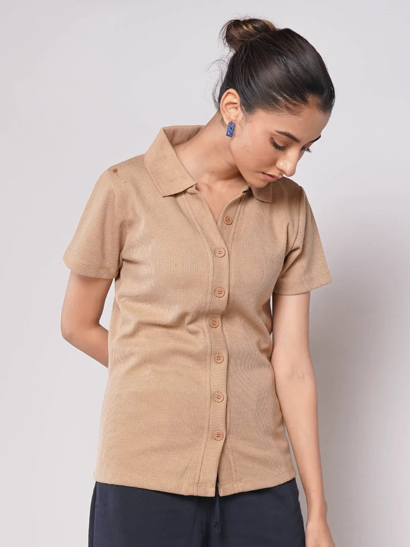 Button Up Ribbed Knit Shirt - Beige (Short Sleeves)