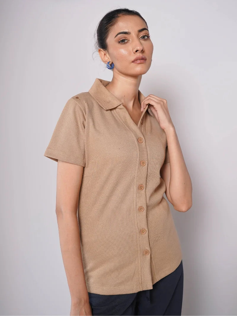 Button Up Ribbed Knit Shirt - Beige (Short Sleeves)