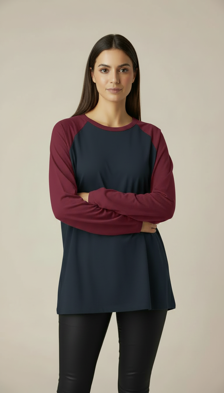 Contrast Raglan Sleeve Top | Black/Maroon