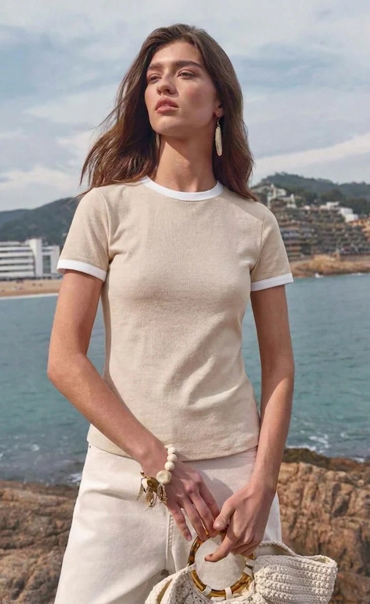 Contrast Trim T-Shirt - Beige