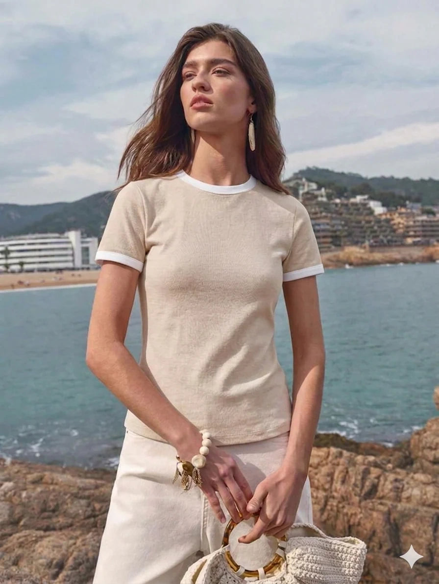 Contrast Trim T-Shirt - Beige