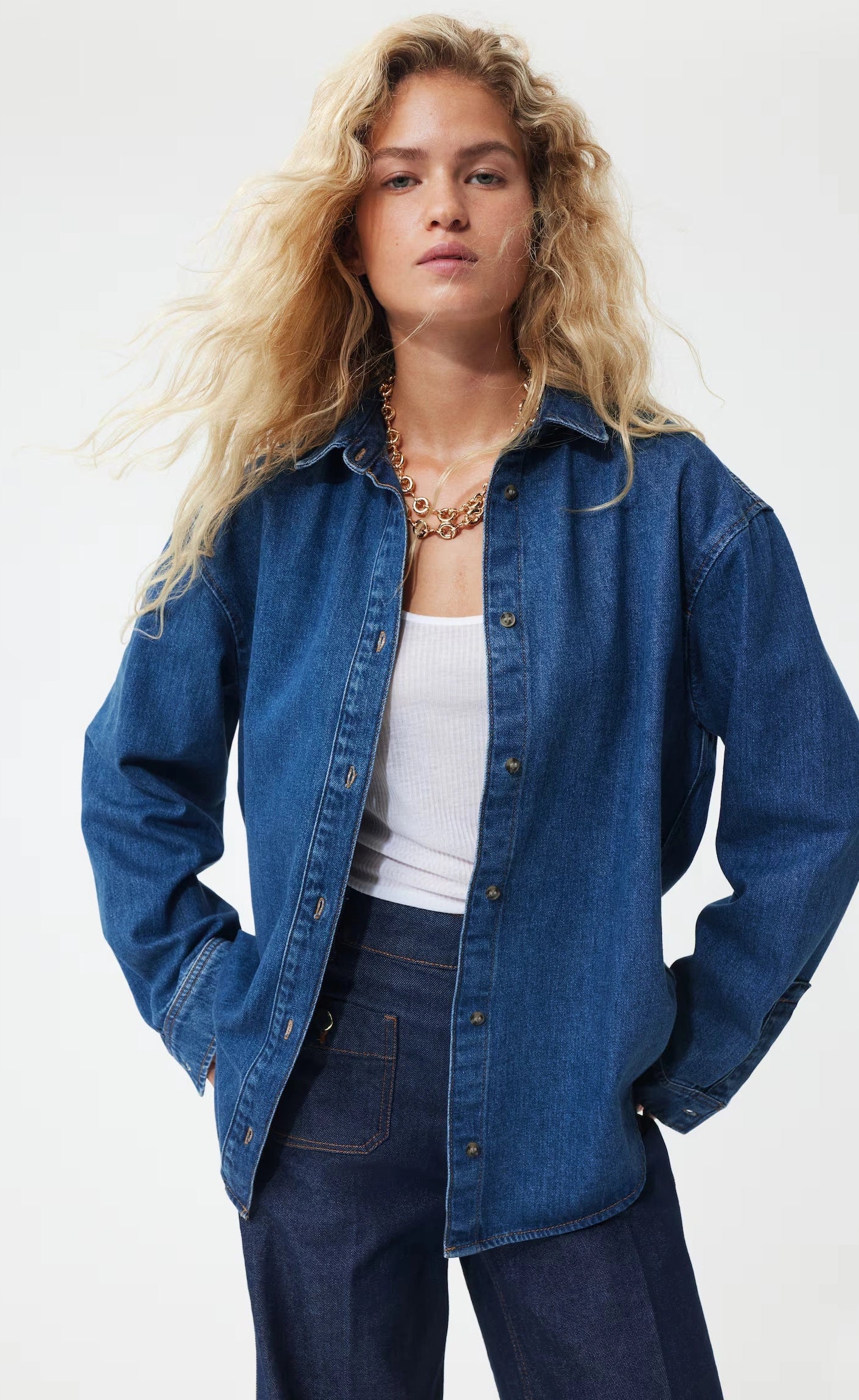 D600 Oversized Essentials Denim Shirt – Mid Blue (MINOR FAULT)