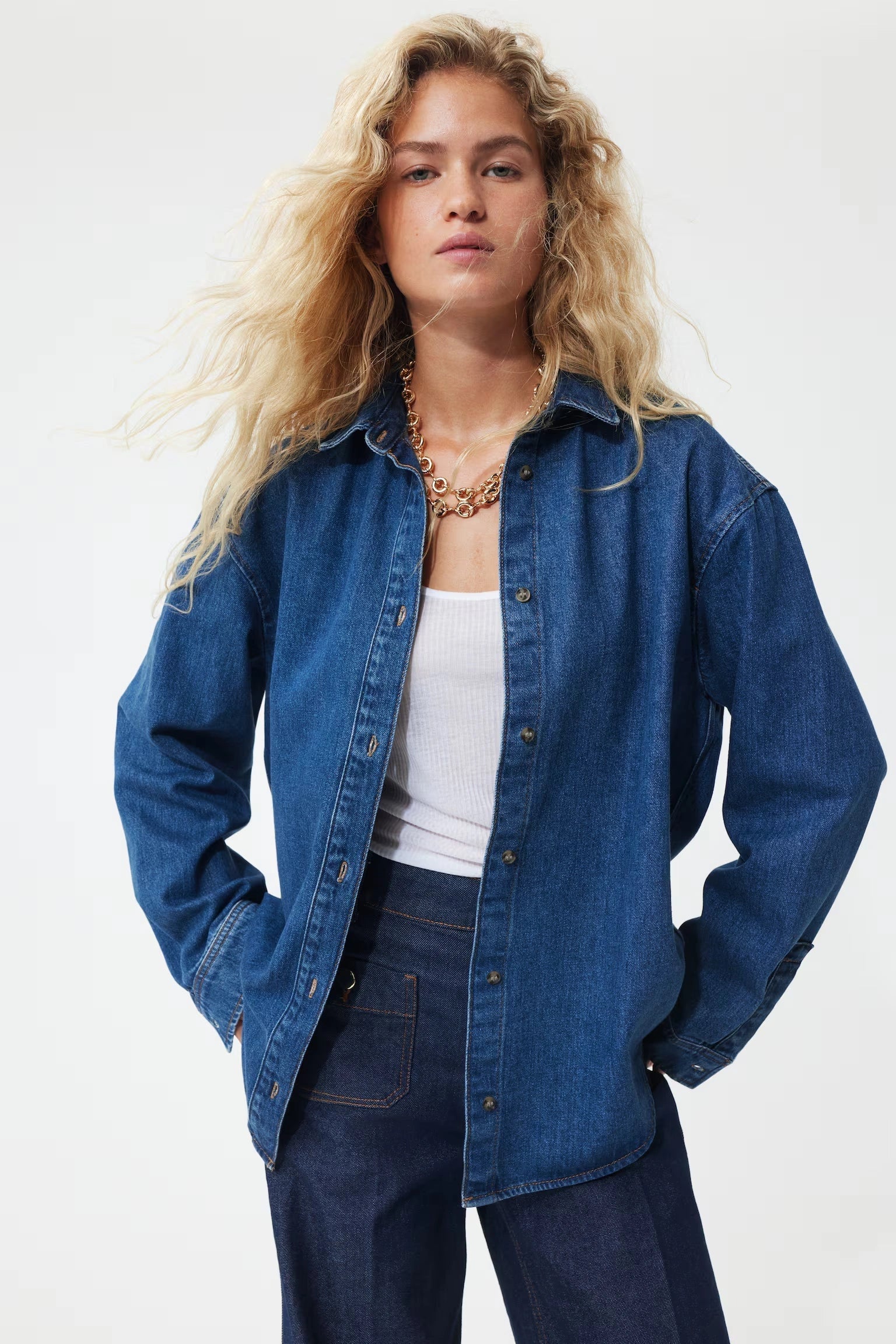 D600 Oversized Essentials Denim Shirt – Mid Blue (MINOR FAULT)