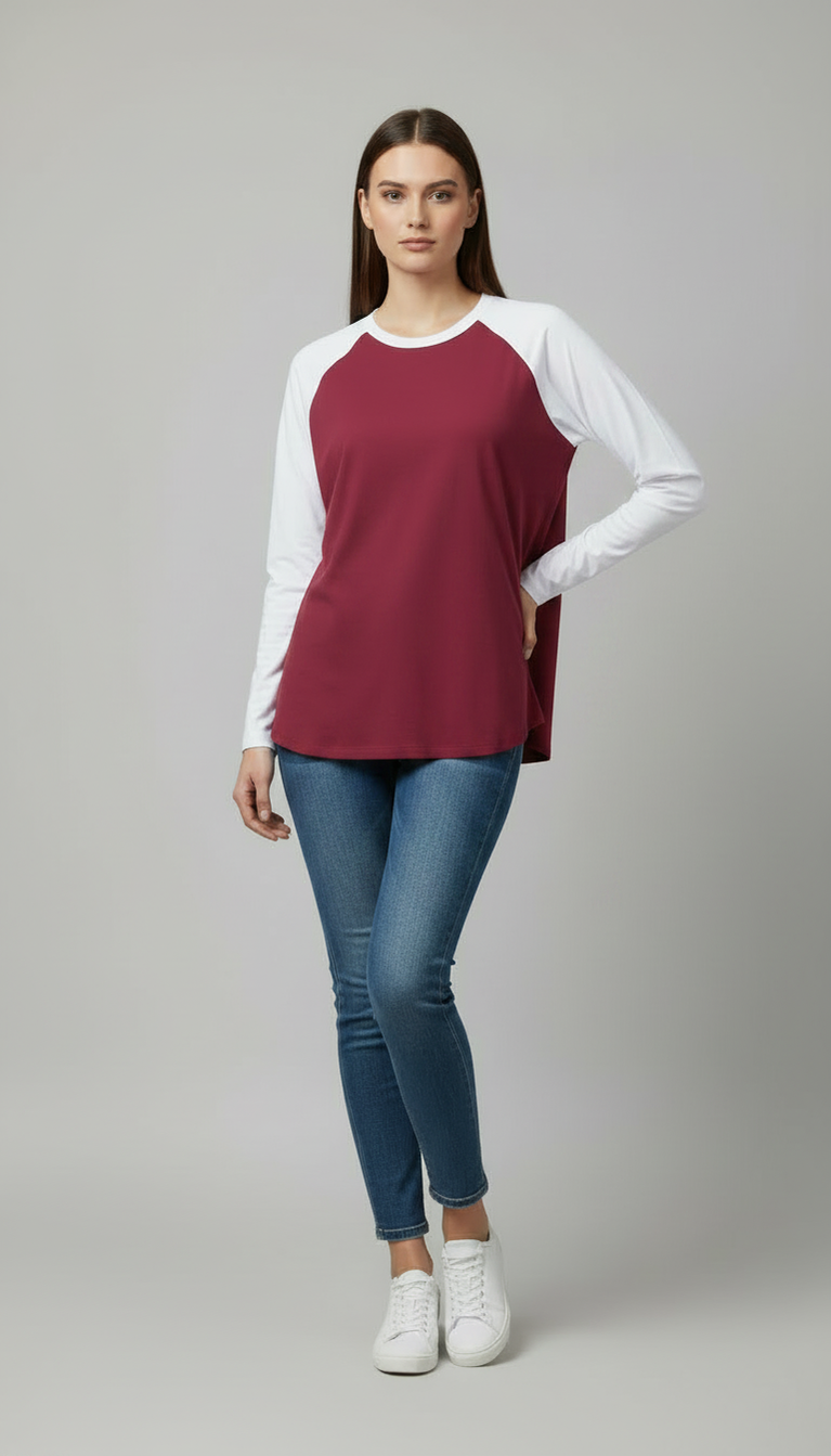 Contrast Raglan Sleeve Top | Maroon/White