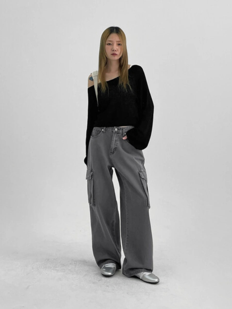 Zara Cargo High-Waist Wide-Leg Jeans - Vintage Grey