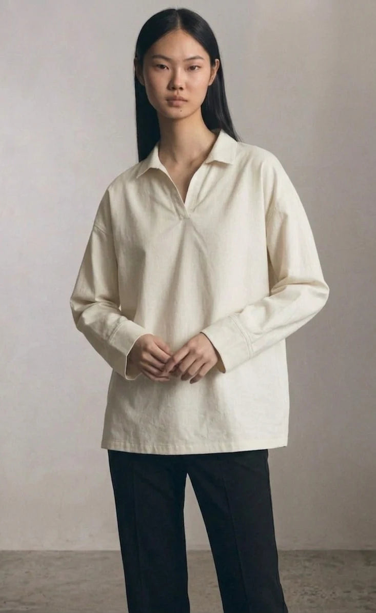 Oversized V-Neck Collar Shirt - Off White