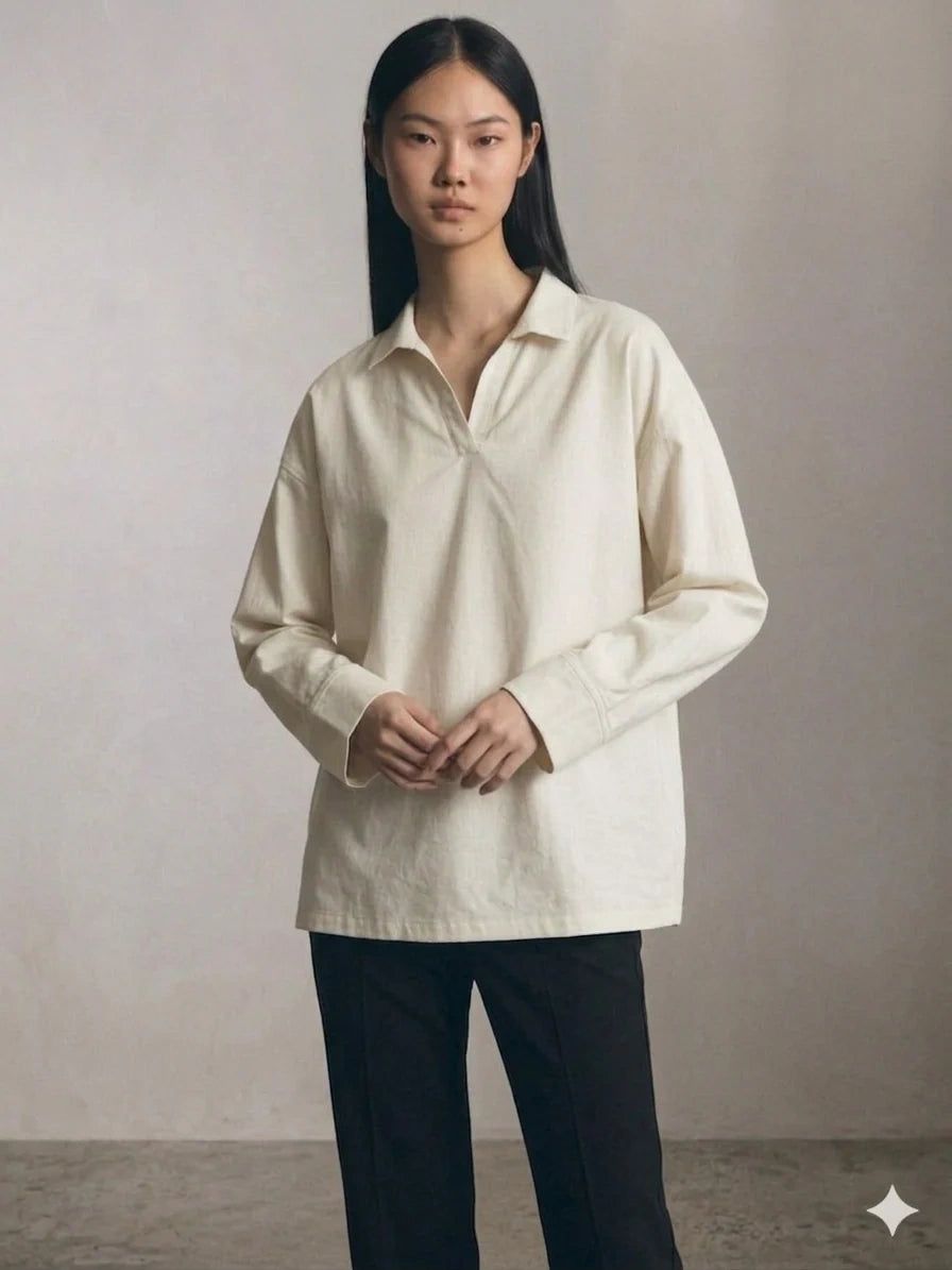 Oversized V-Neck Collar Shirt - Off White