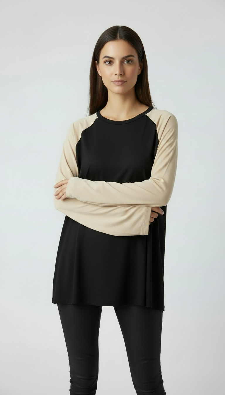 Contrast Raglan Sleeve Top | Black/Beige