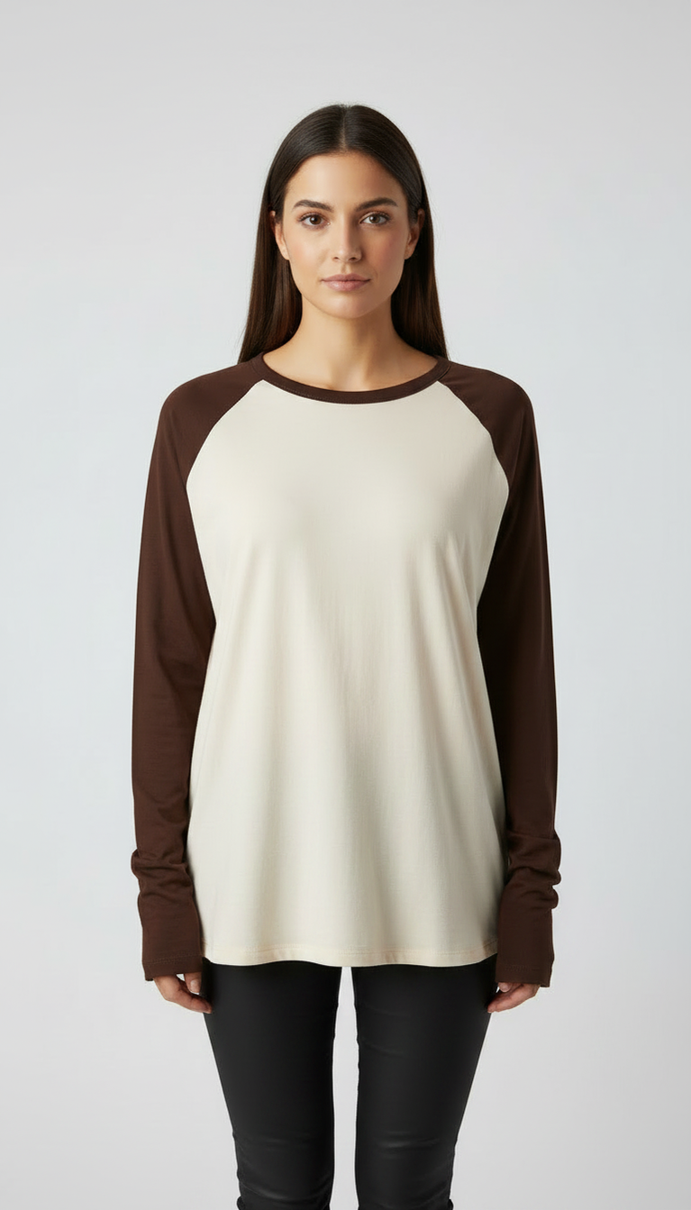 Contrast Raglan Sleeve Top | Beige/Brown