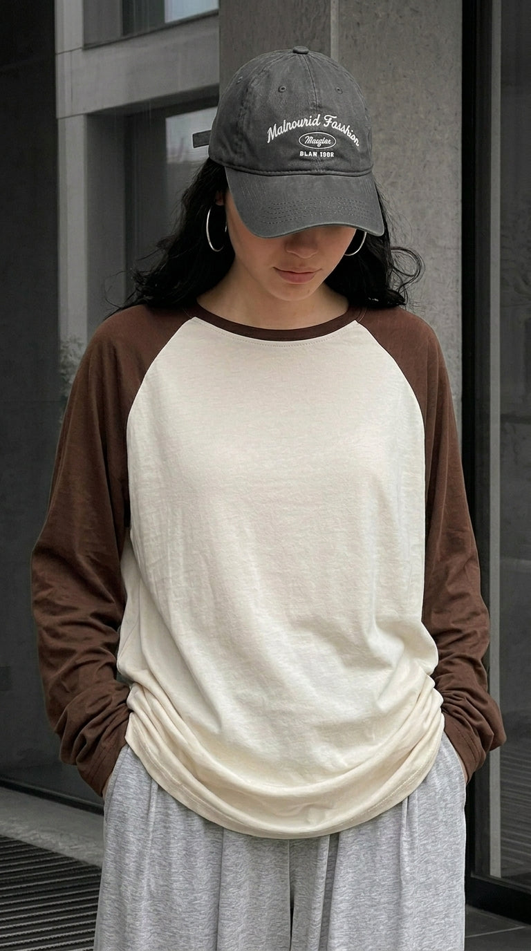 Contrast Raglan Sleeve Top | Beige/Brown