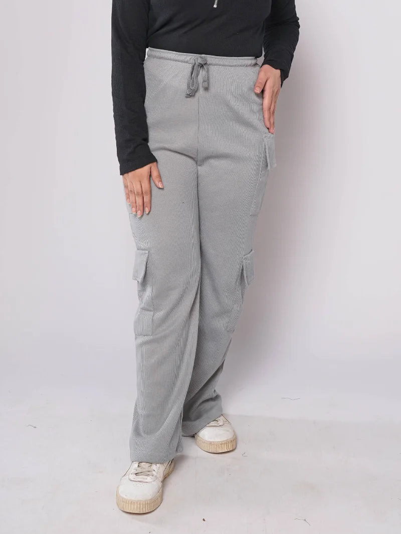 D600 - Grey Wide Leg Double Pocket Cargo Trousers