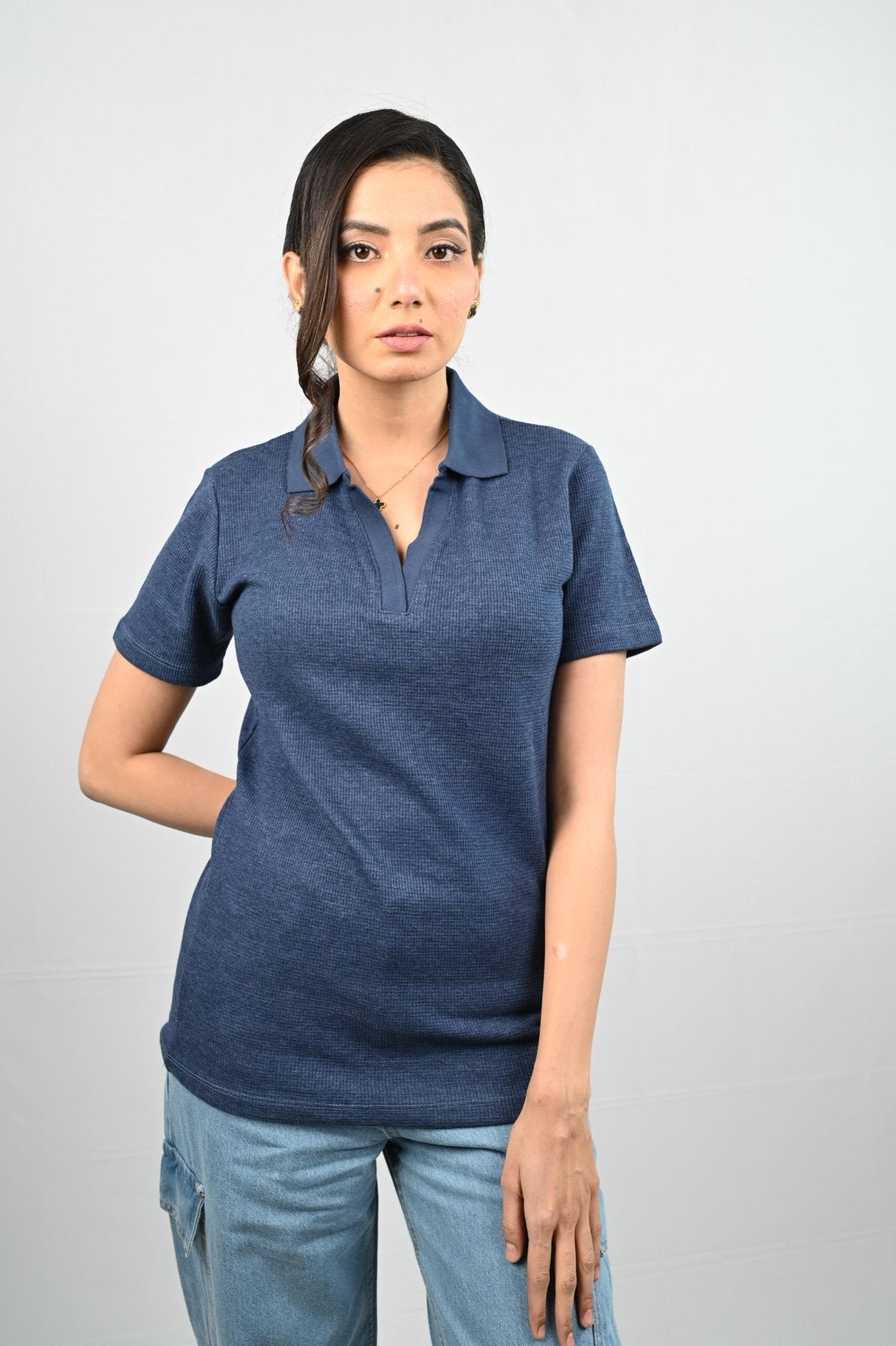 D600 Down Collar Ribbed Knit Polo Tee - Blue (Short Sleeves)