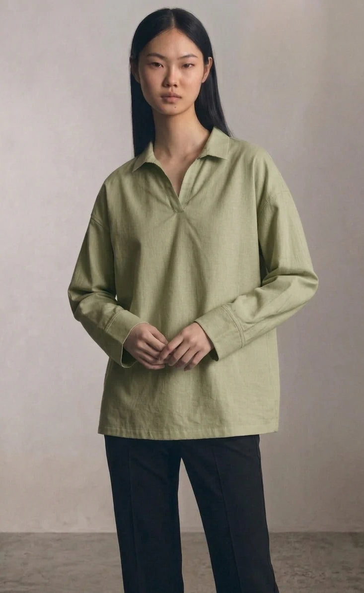 Oversized V-Neck Collar Shirt - Olive Green