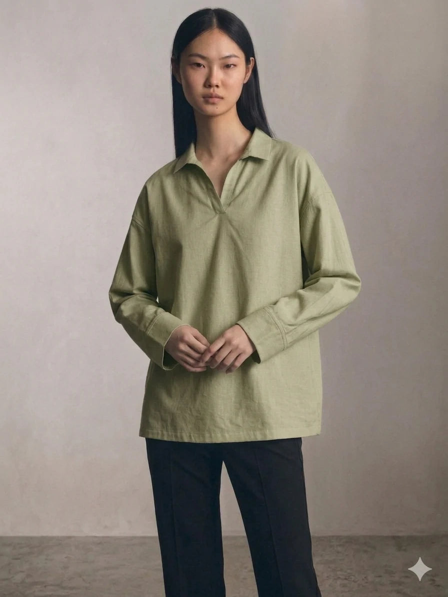 Oversized V-Neck Collar Shirt - Olive Green